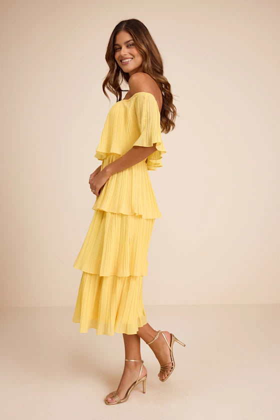 Gala Ready Yellow Off-the-Shoulder Ruffle Midi Dress