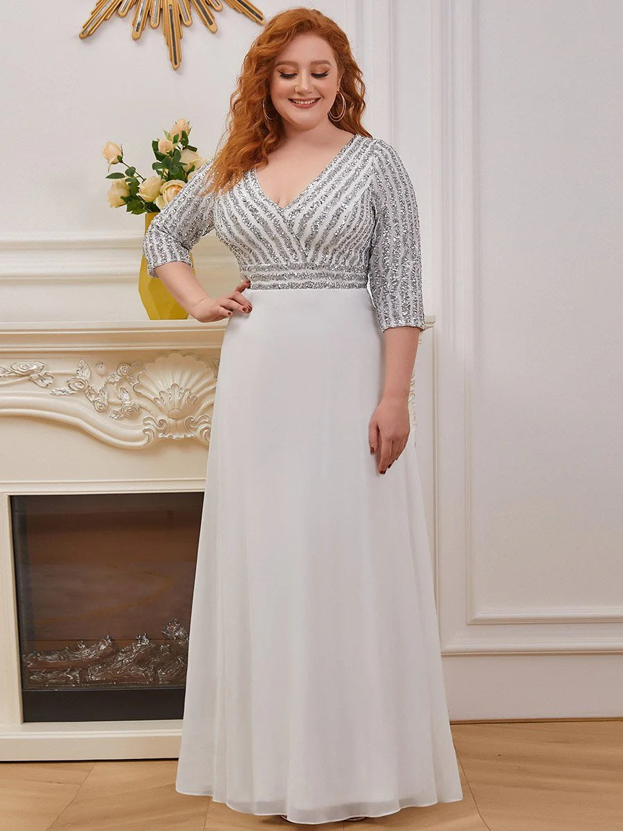 Sexy V Neck A-Line Sequin Wholesale Evening Dresses With 3/4 Sleeve