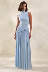 Glimora | Powder Blue High-Neck Maxi Dress With Ruched-Detailing