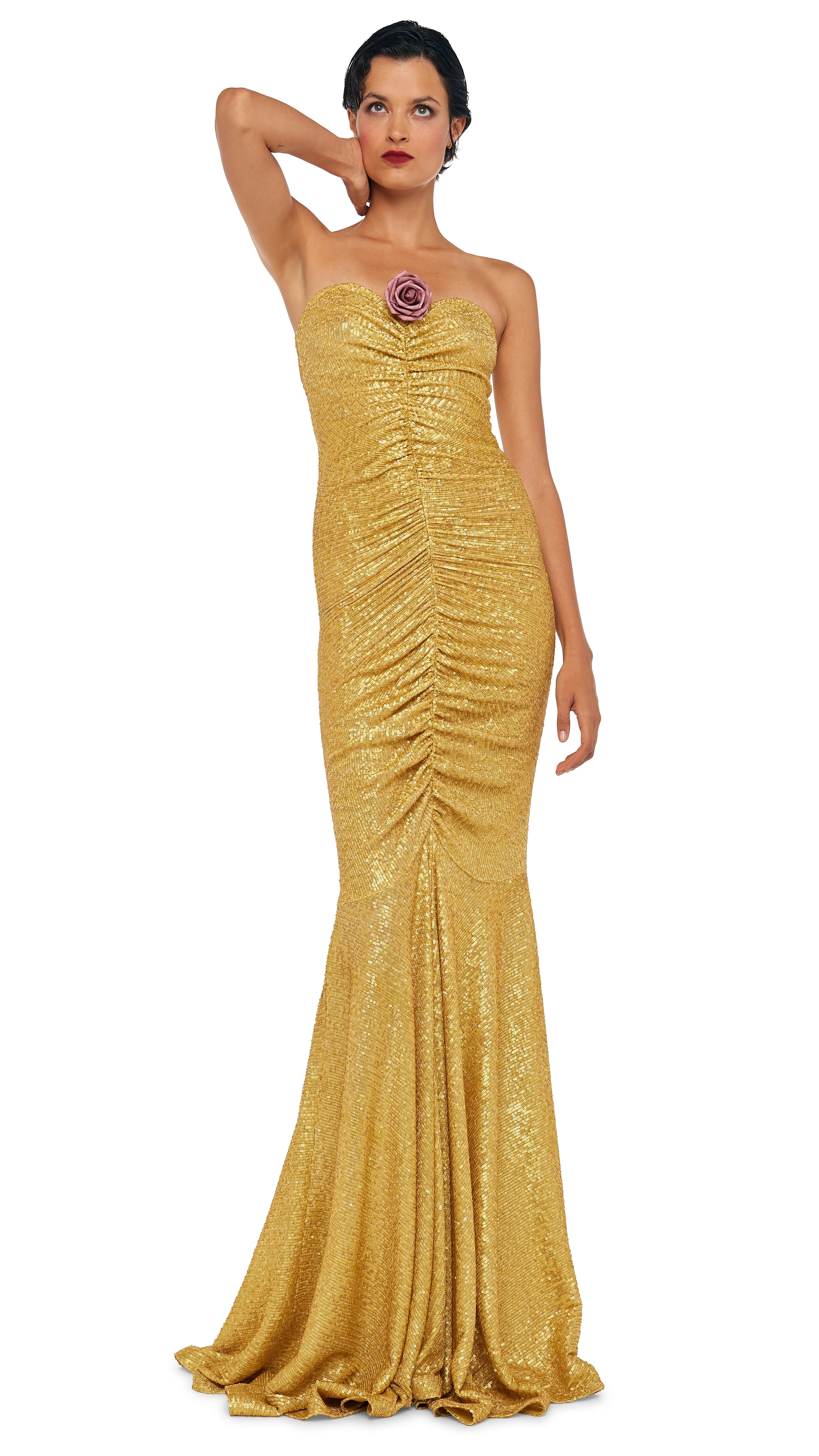 STRAPLESS SHIRRED FRONT FISHTAIL GOWN