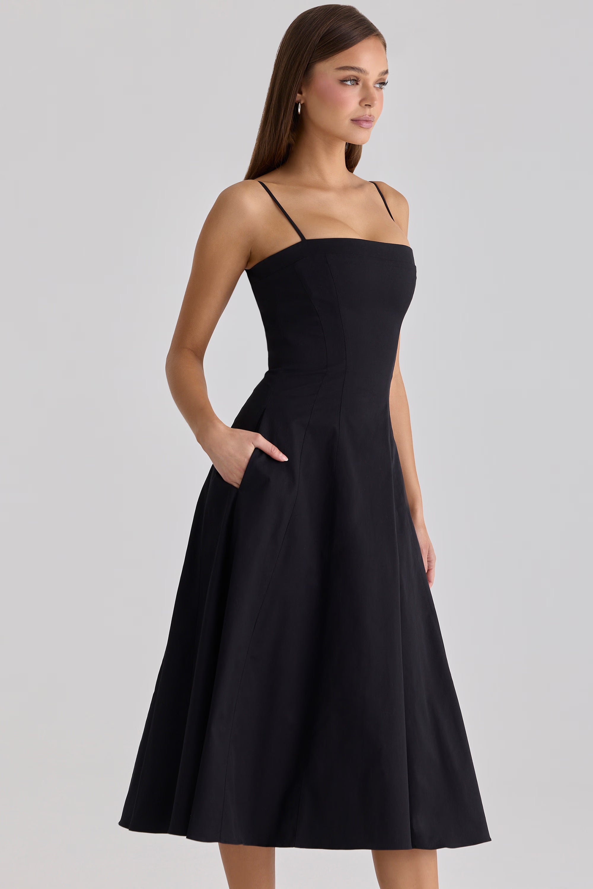 black cotton flared midi sundress