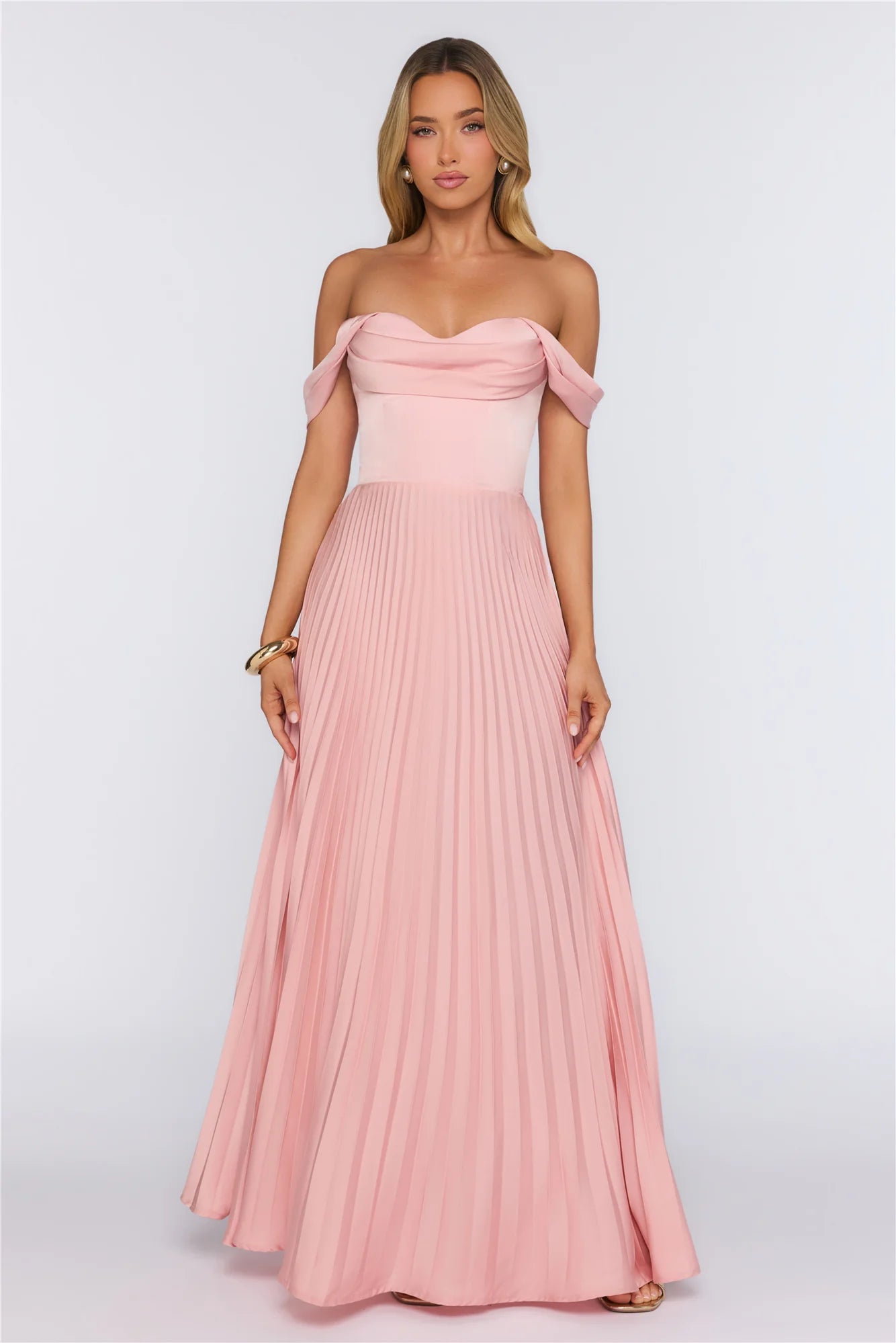 Elegant Glow Pleated Off Shoulder Maxi Dress Pink