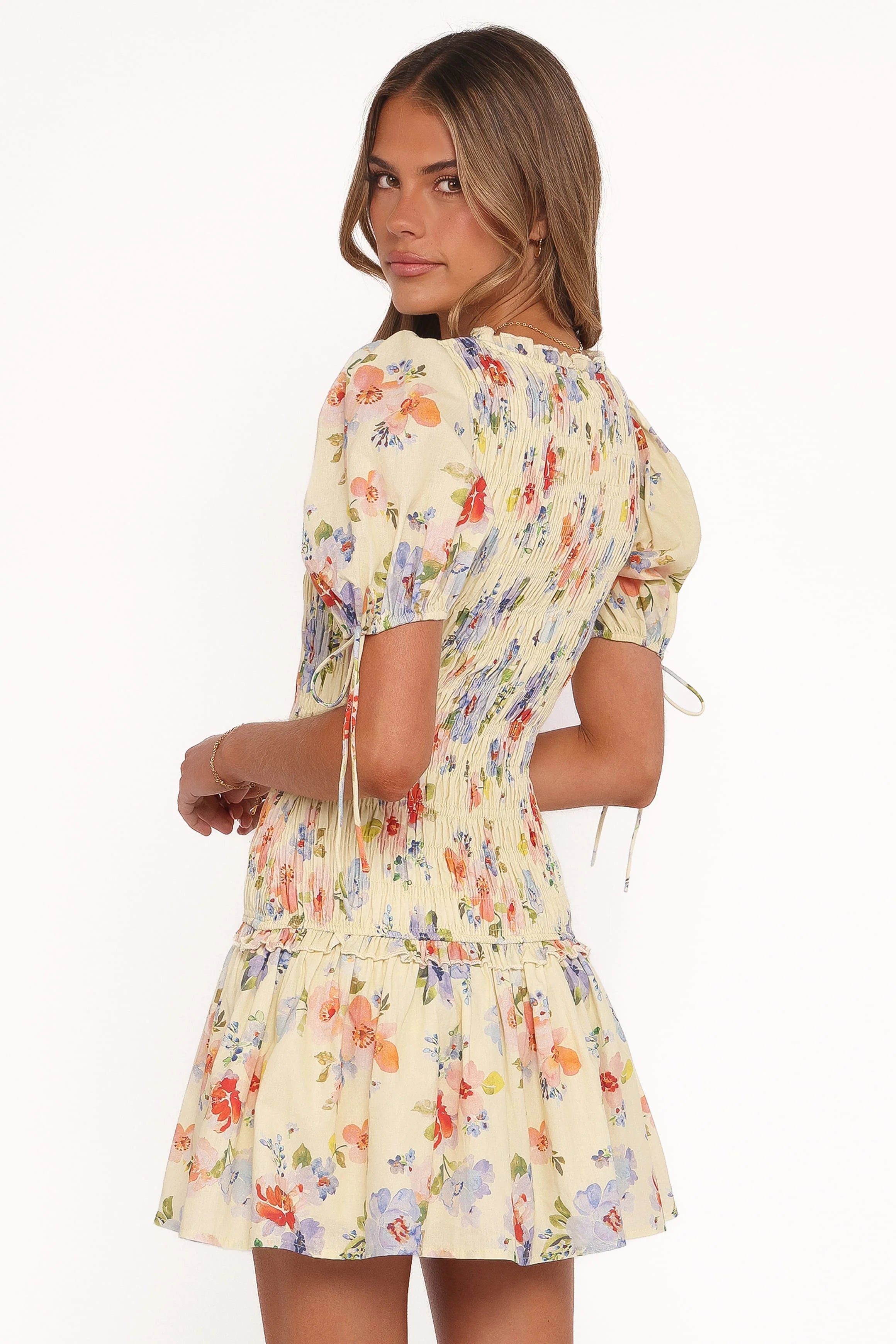 Kaelyn Gather Mini Dress - Yellow Floral