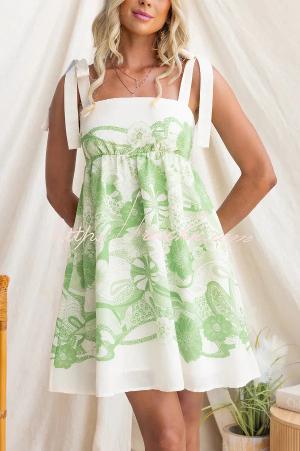 Unique Print Square Neck Spaghetti Strap Tie Full Hem Mini Dress
