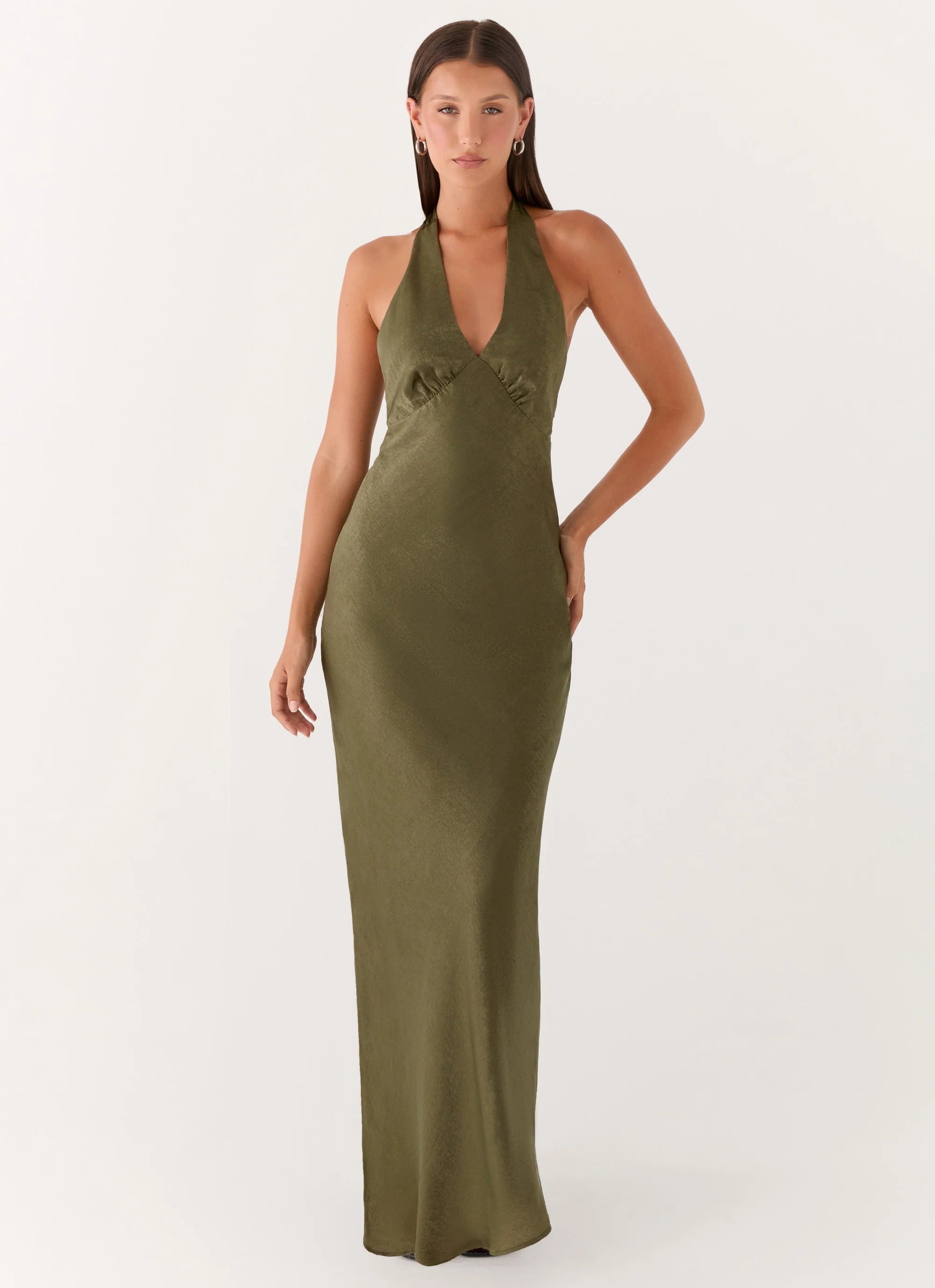Heavy Hearted Satin Maxi Dress - Khaki