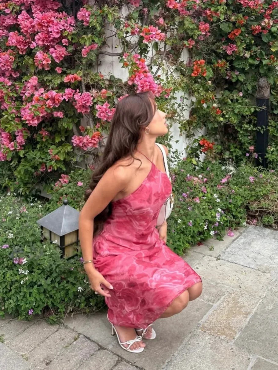 Rose Pink Print Halter Midi Dress