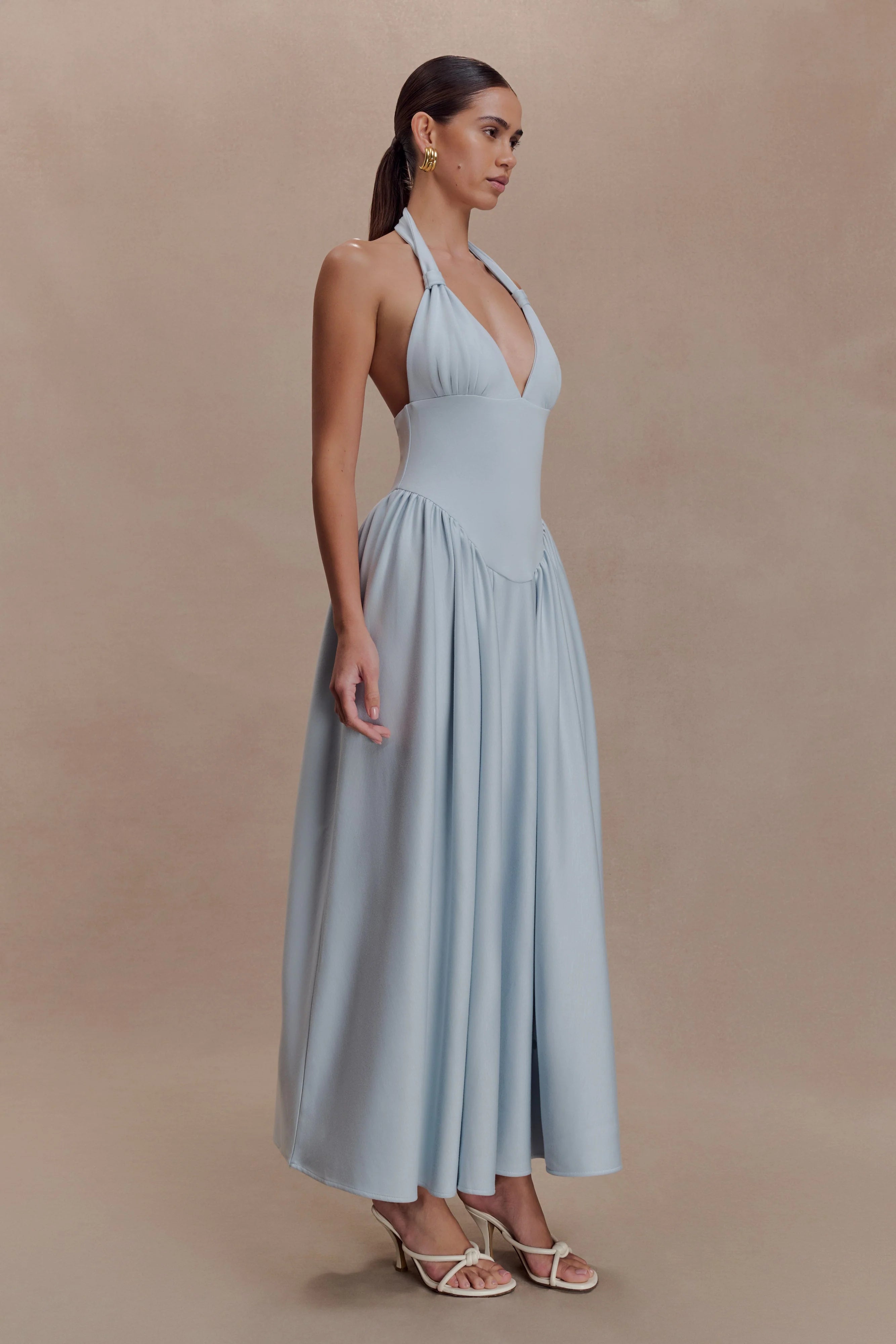 Angelina Scuba Halter Midi Dress - Pale Blue
