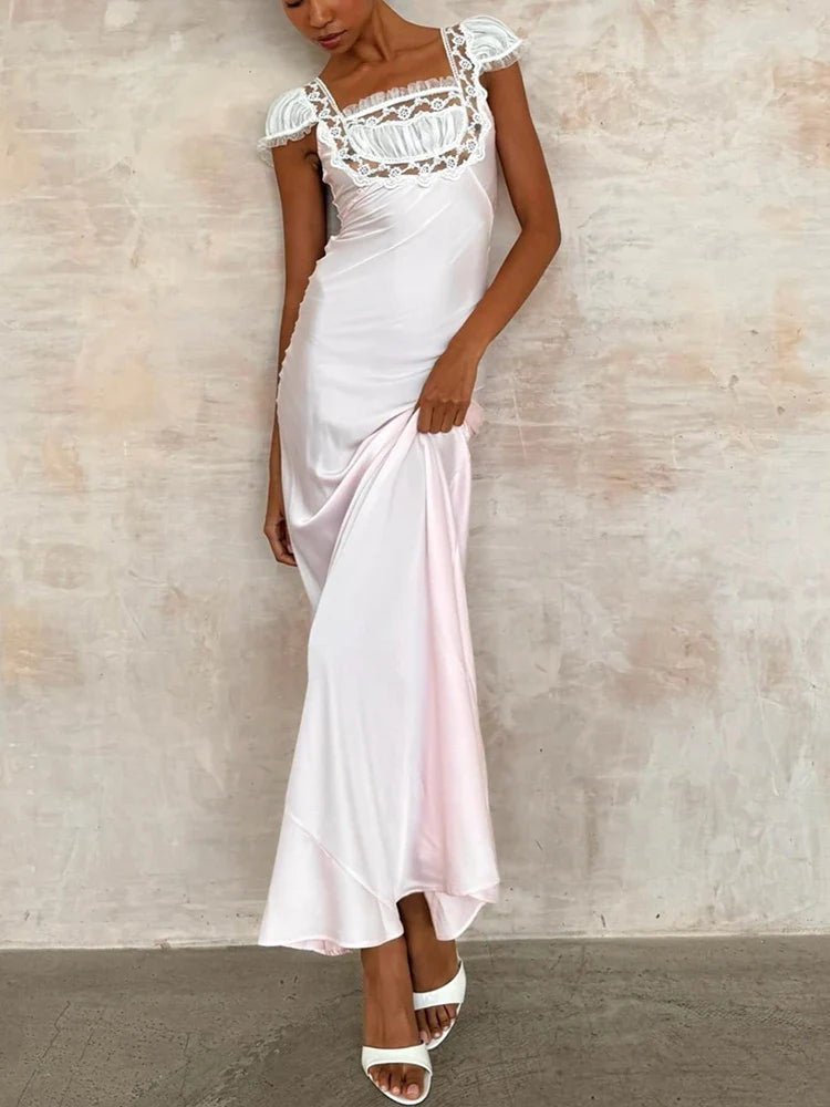 Lace Trim Short Sleeve Satin Maxi Dress
