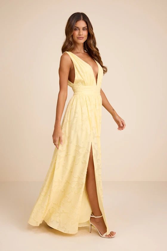 Sweet Sophistication Light Yellow Burnout Floral Maxi Dress