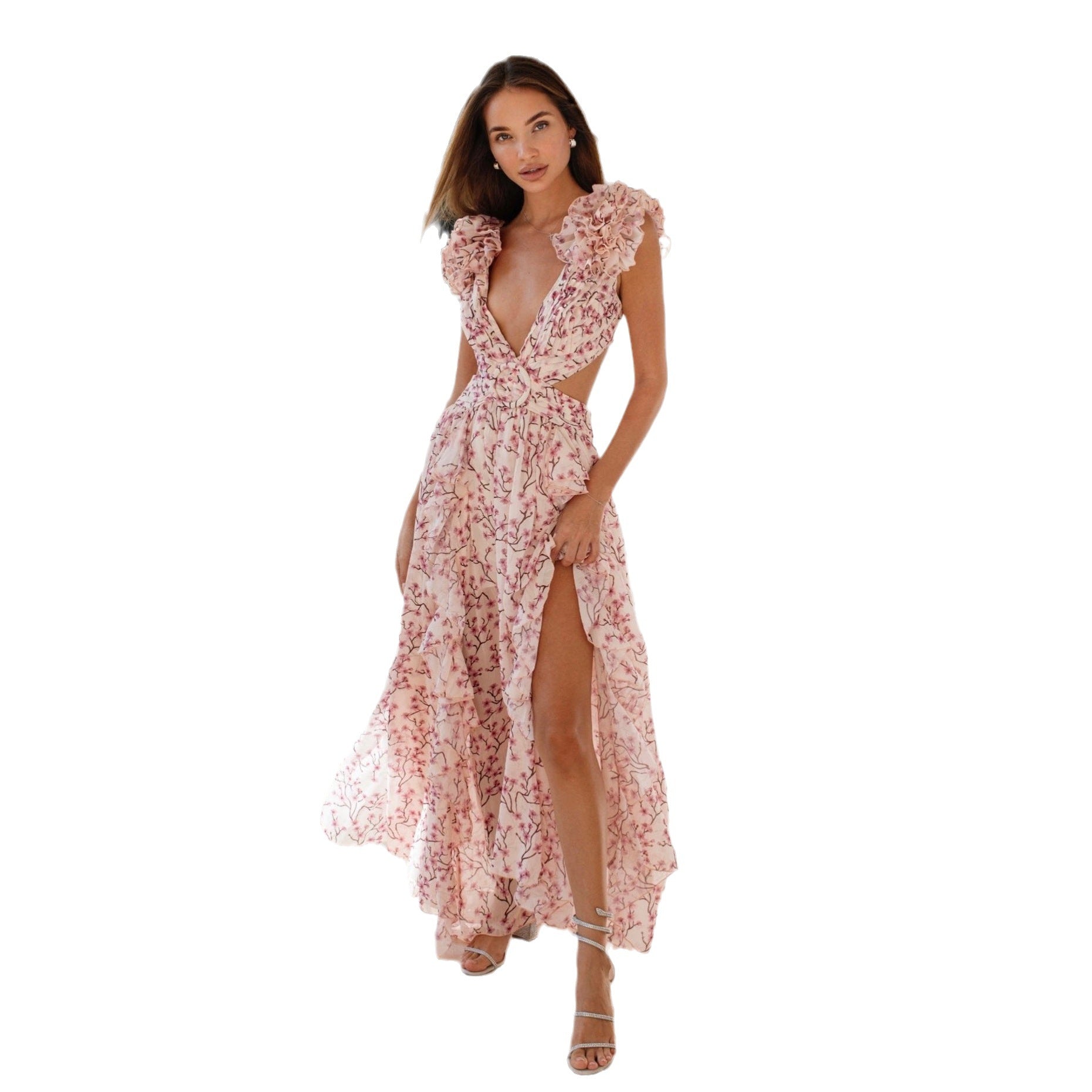 Floral Vacation Dress 2026 New Deep V Neck Cut Out Backless Ruffle Flowy Long Dress