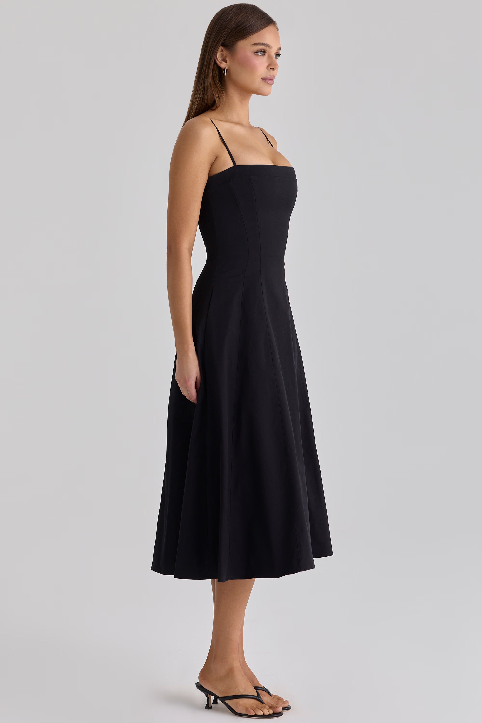 black cotton flared midi sundress