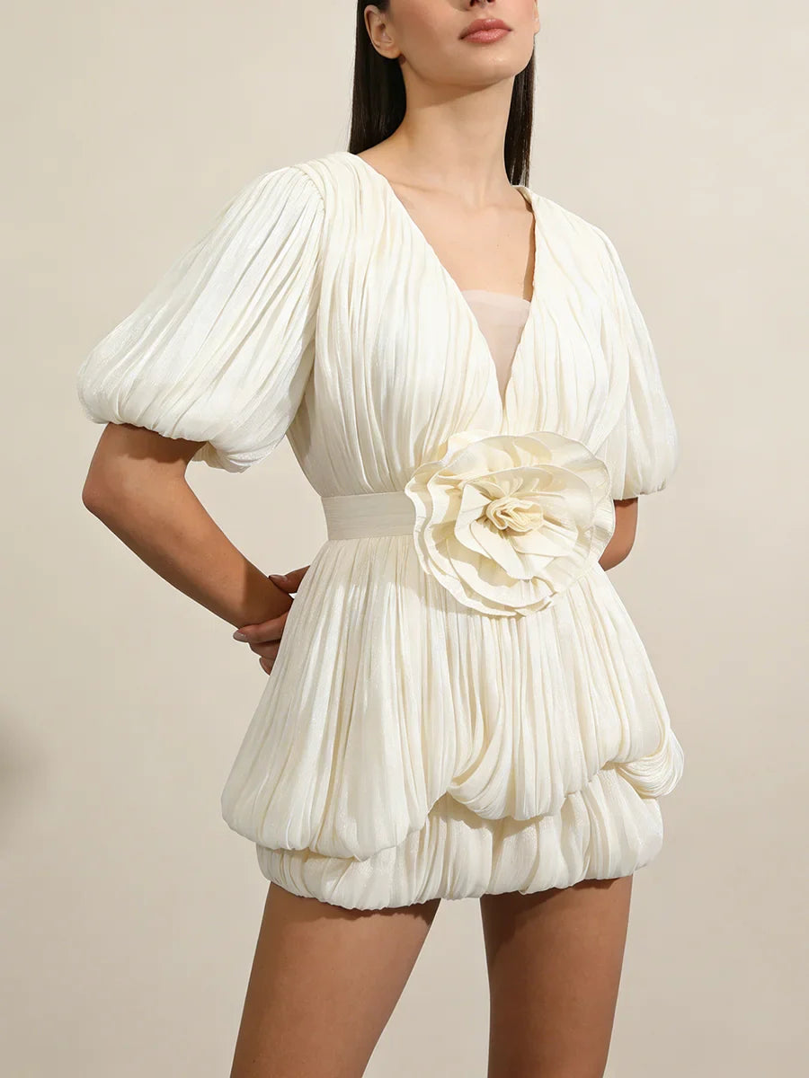 Ruched Deep V Neck Puff Sleeve 3D Flower Mini Dress