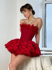 Red Strapless 3D Flower Ruffle Tulle Mini Dress