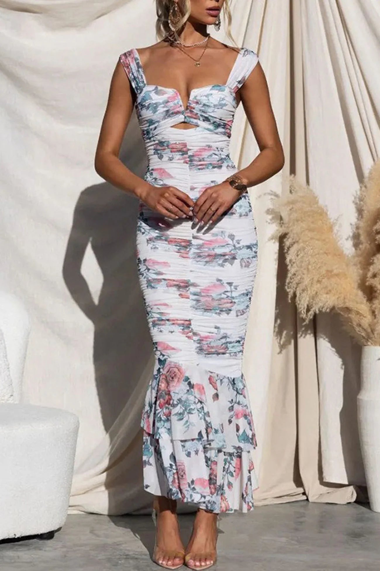 Floral Print Ruched Fishtail Dress
