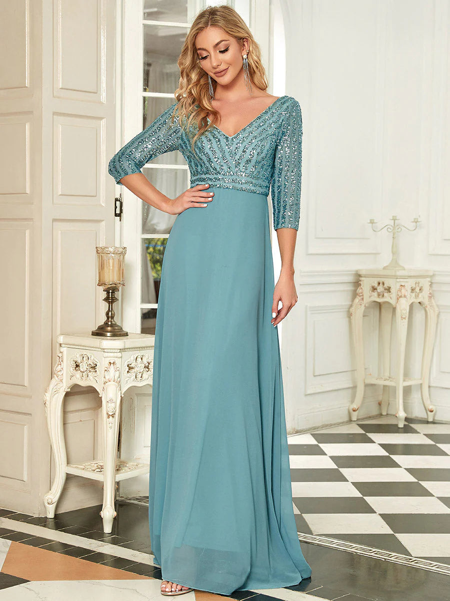 Sexy V Neck A-Line Sequin Wholesale Evening Dresses With 3/4 Sleeve