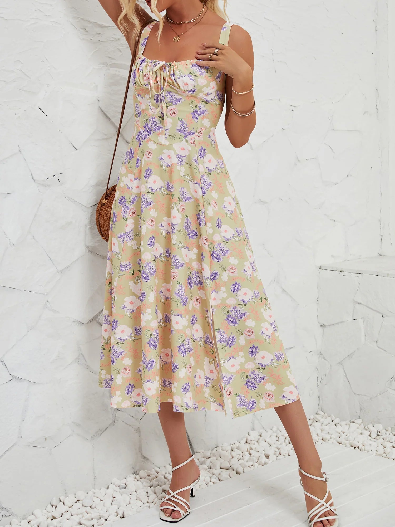 Floral Sleeveless Lace-Up Side Slit Dress Sundress