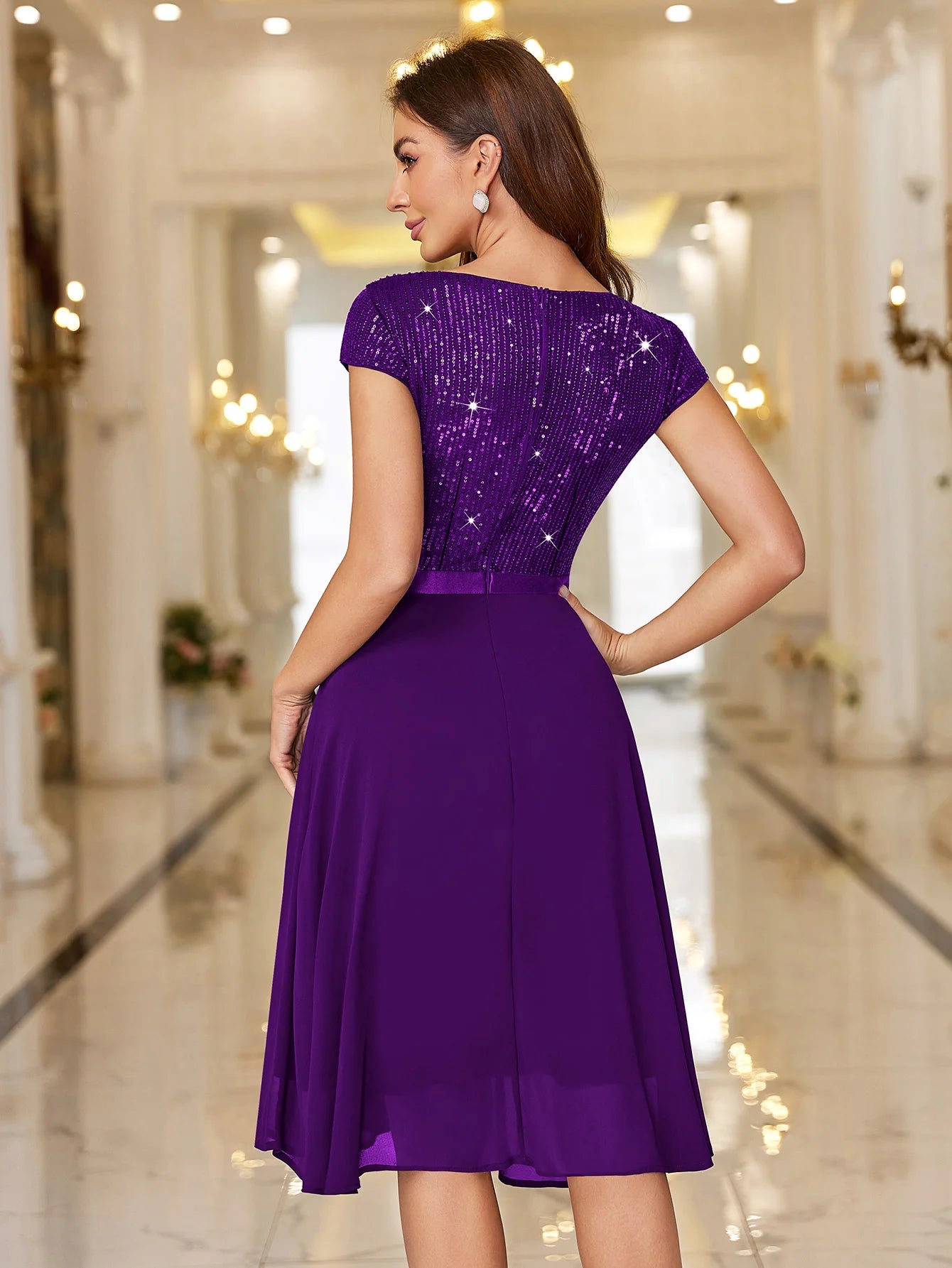 Sequin Lace Ruffle Trim Chiffon Cocktail Party Swing Dress for Weddings, Proms & Formal Events