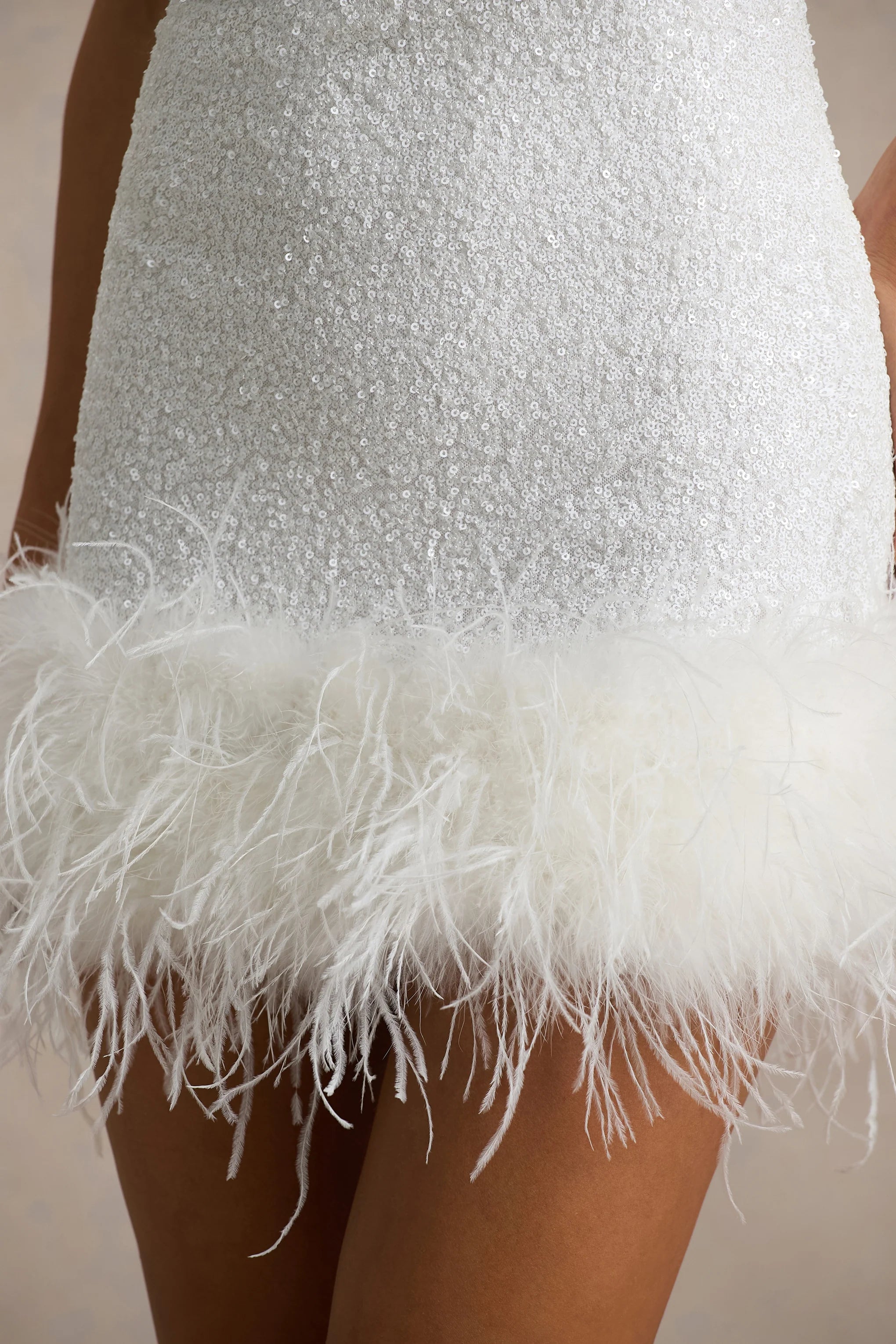 Rosalinda | White Sequin Square-Neck Mini Dress With Feather Trim