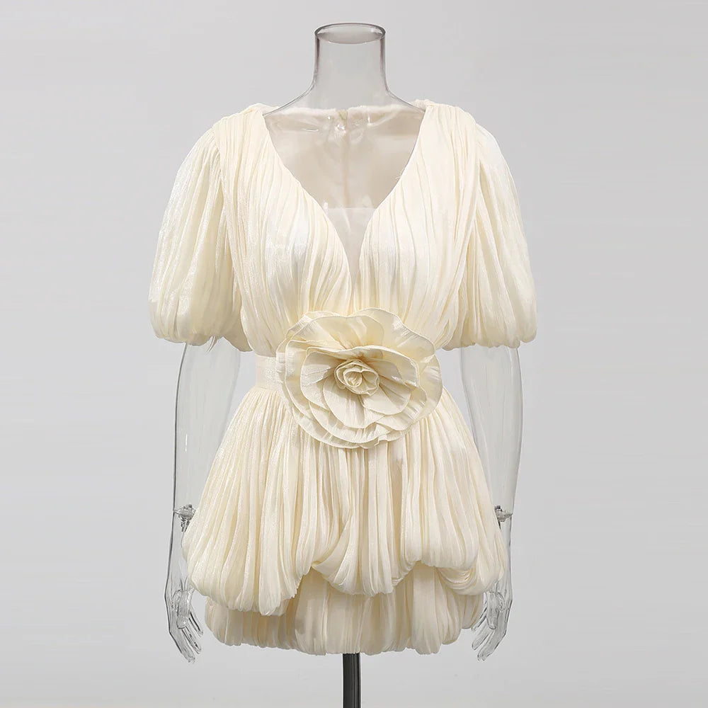 Ruched Deep V Neck Puff Sleeve 3D Flower Mini Dress