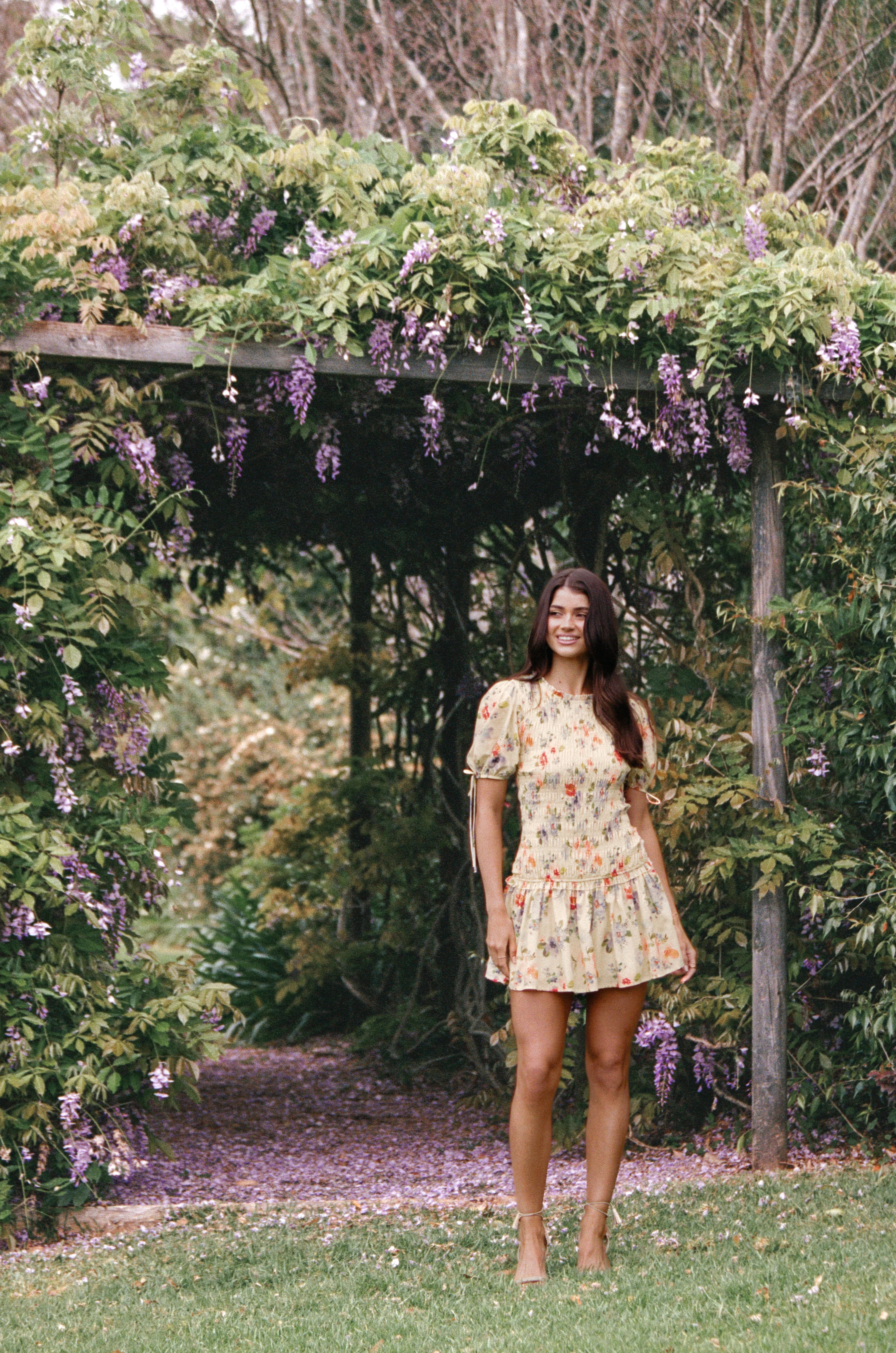 Kaelyn Gather Mini Dress - Yellow Floral