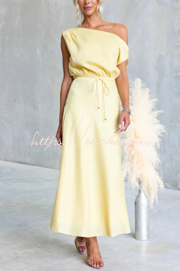 Solid Color One-shoulder Sleeveless Belted Casual Maxi Dress