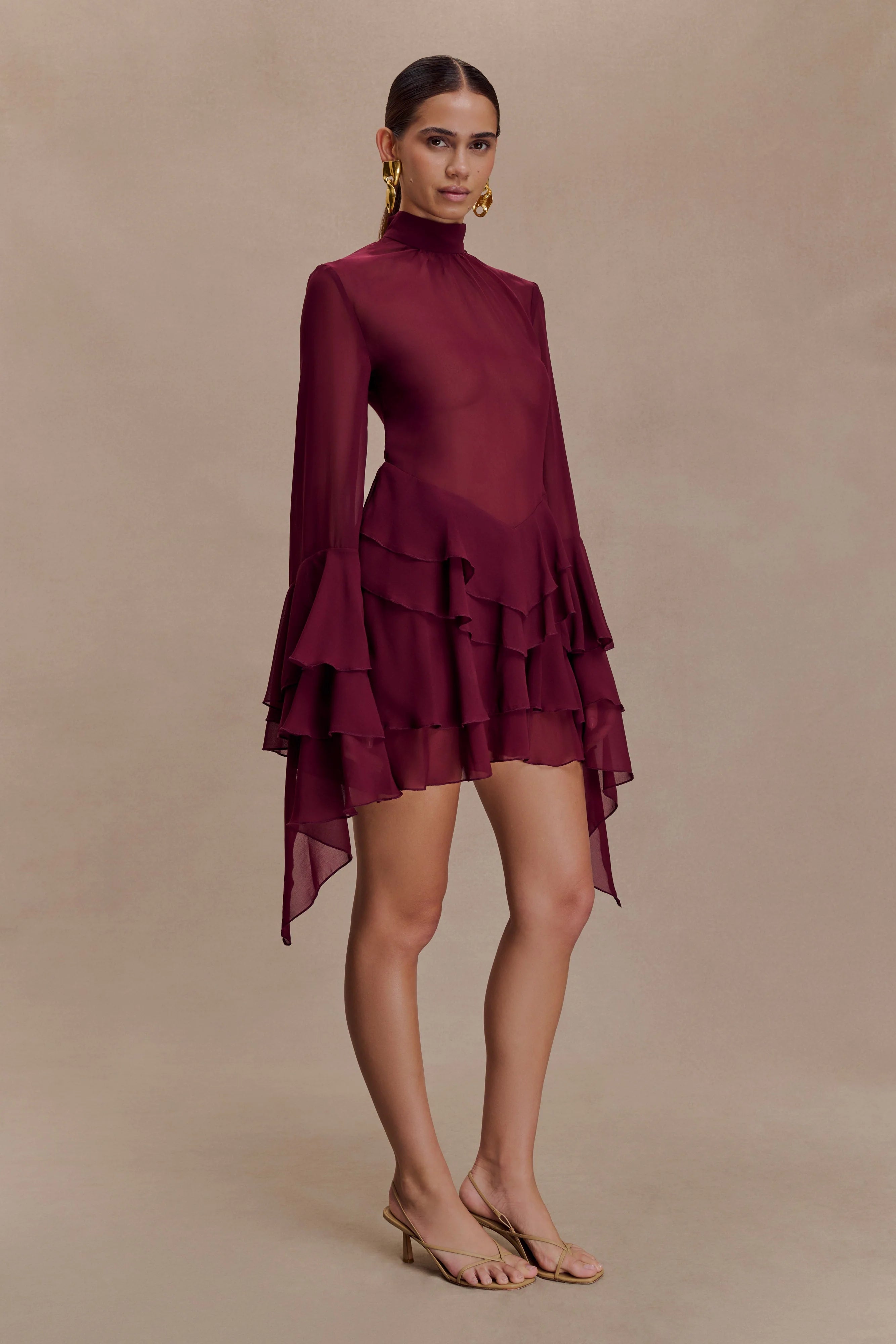 Nimah Chiffon Ruffle Mini Dress - Wine