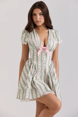 Emiliana-Green Stripe Floral Print Stretch Cotton Mini Dress