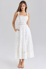 Ava-White Stretch Cotton Broderie Anglaise Midi Dress
