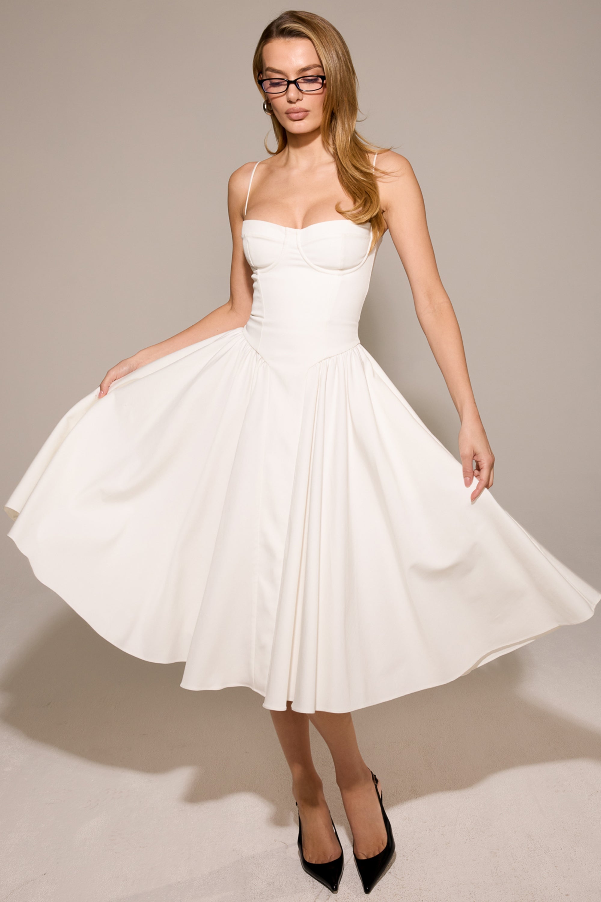 Samaria-White Corset Midi Dress
