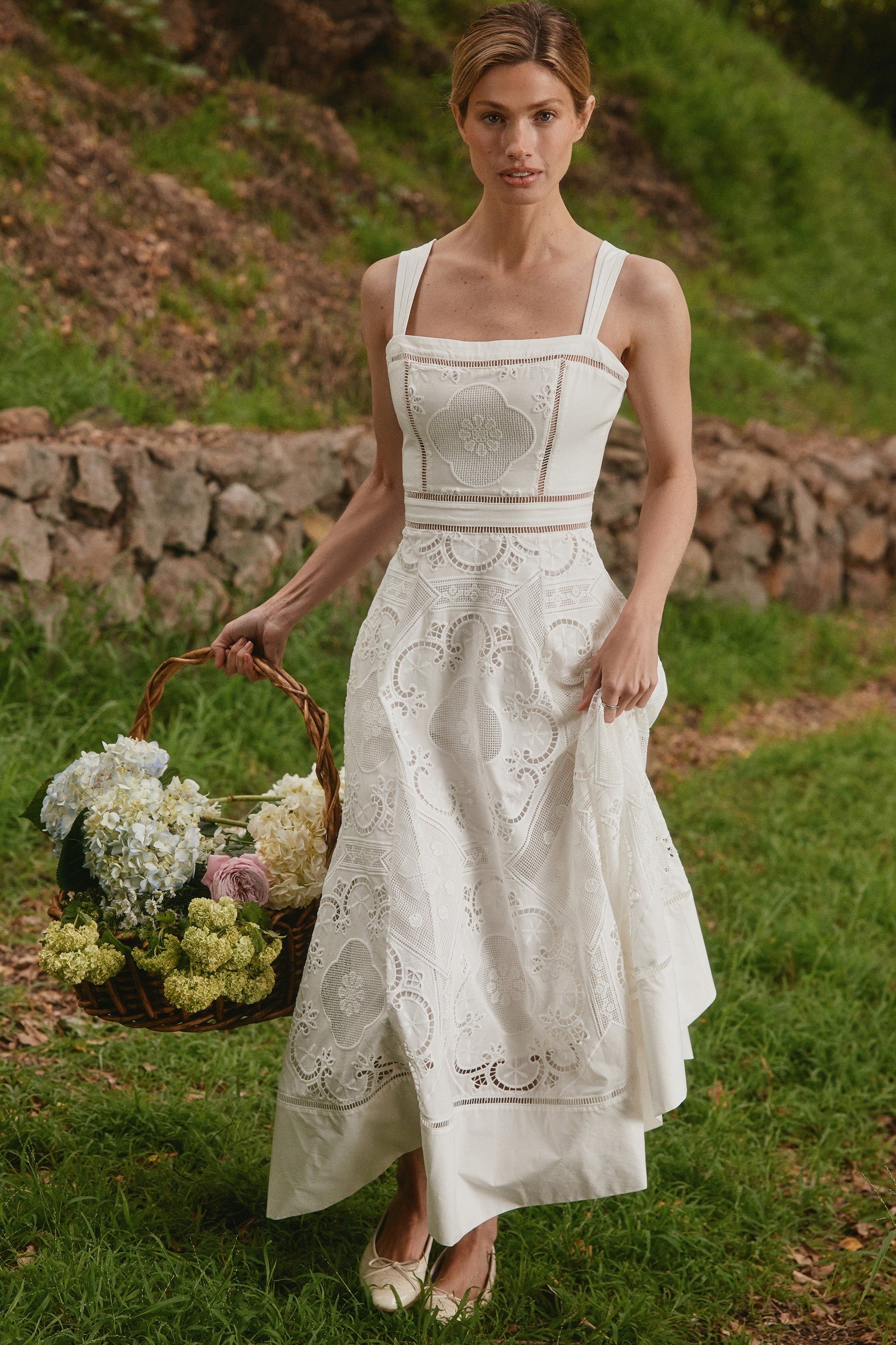 Ava-White Stretch Cotton Broderie Anglaise Midi Dress