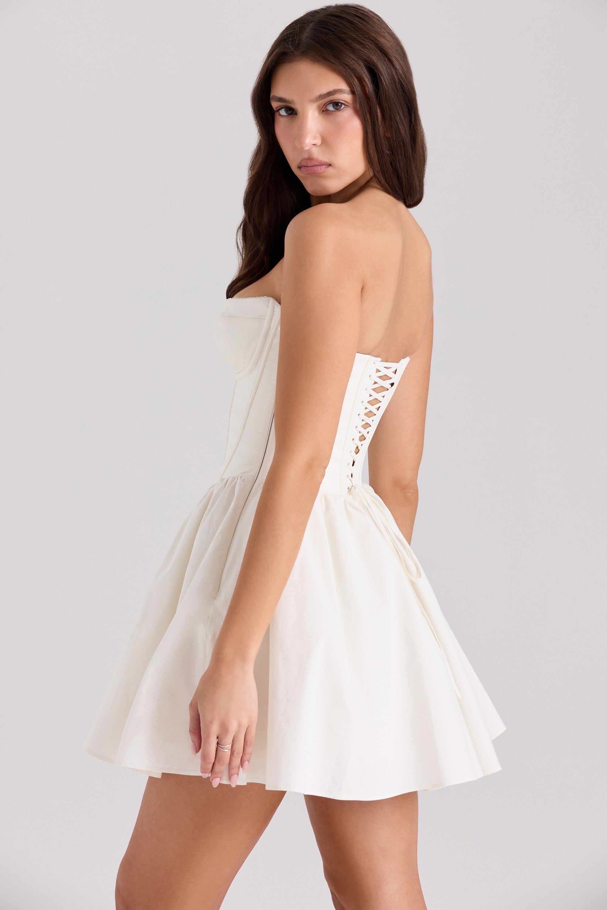 Kristiana-Ivory Cotton Strapless Corset Mini Dress