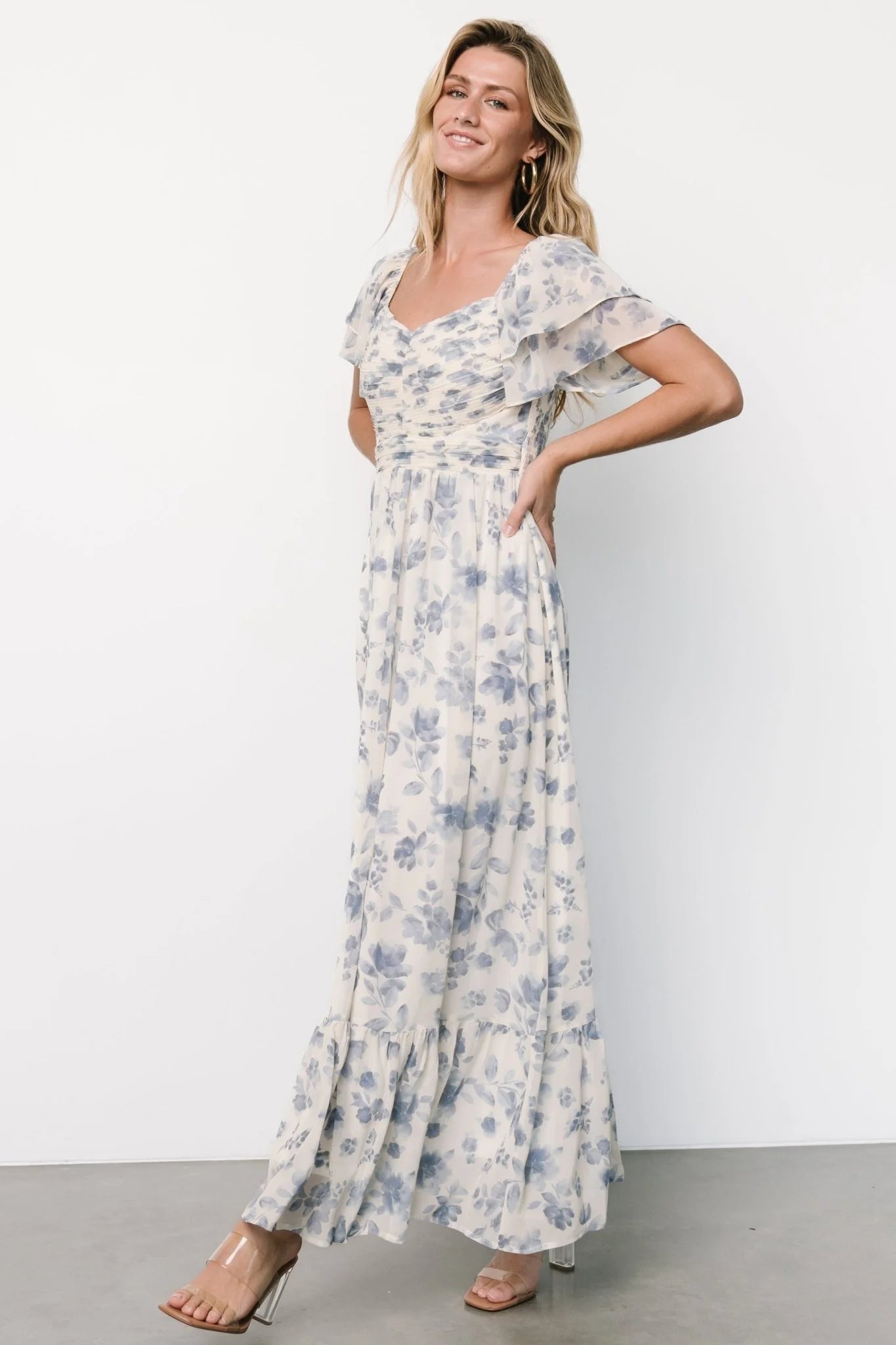 Juliana Pleated Top Dress | Ivory + Blue Floral