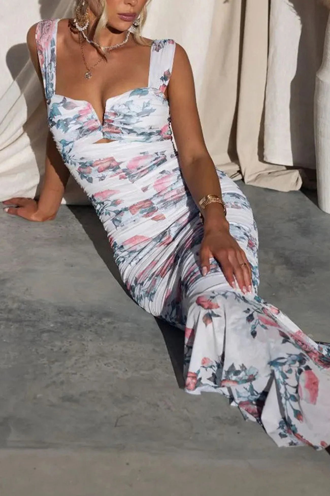 Floral Print Ruched Fishtail Dress