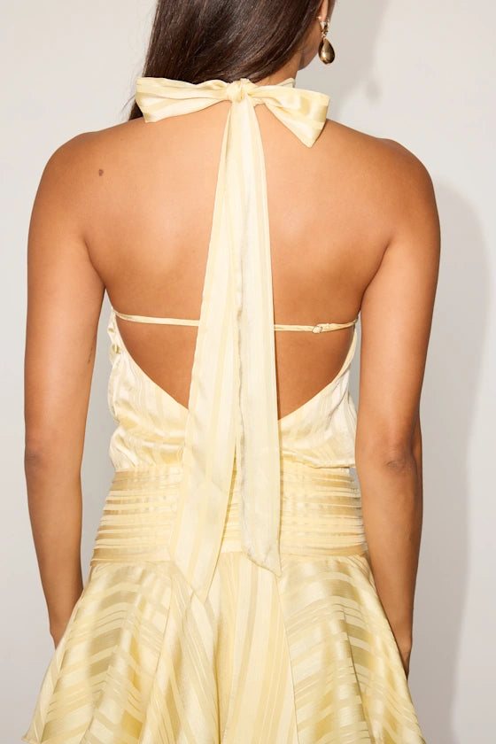 Cass Light Yellow Striped Satin Drop Waist Mini Dress