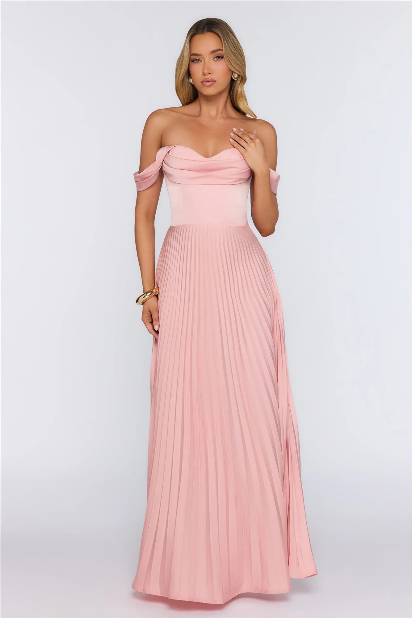 Elegant Glow Pleated Off Shoulder Maxi Dress Pink