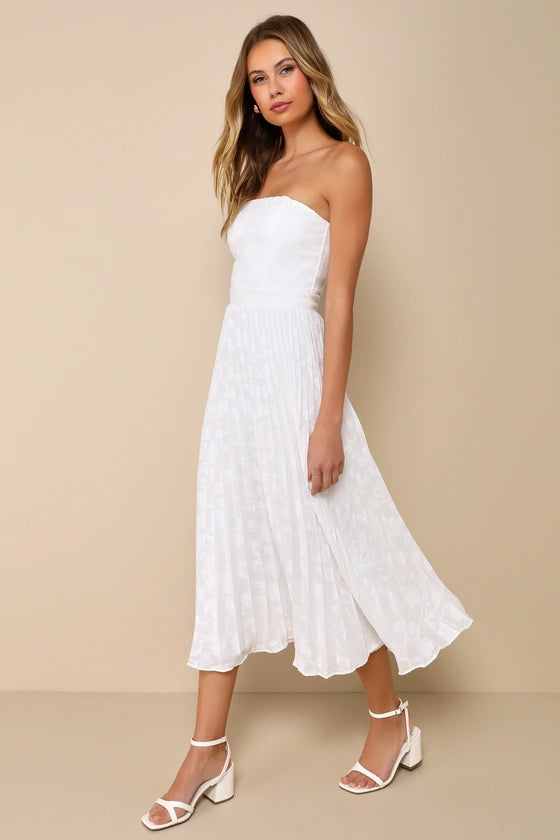 Perfectly Stunning Ivory Jacquard Strapless Midi Dress