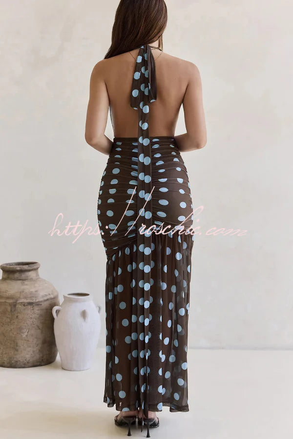 Polka Dot Print Halter Neck Tie Pleated Slim-fit Maxi Dress