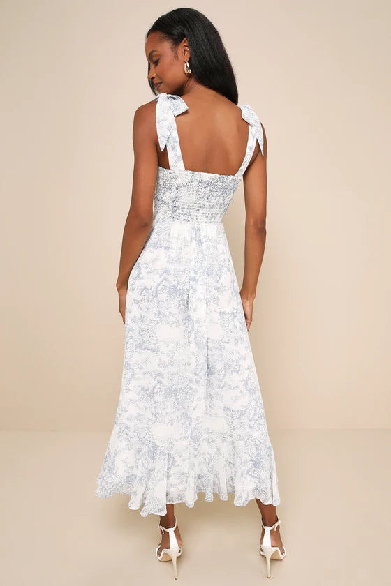 Summer Invite White and Blue Toile Tie-Strap Tiered Midi Dress