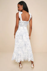 Summer Invite White and Blue Toile Tie-Strap Tiered Midi Dress