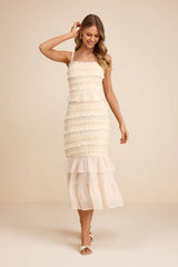 Harley Cream Smocked Ruffled Midi Dress