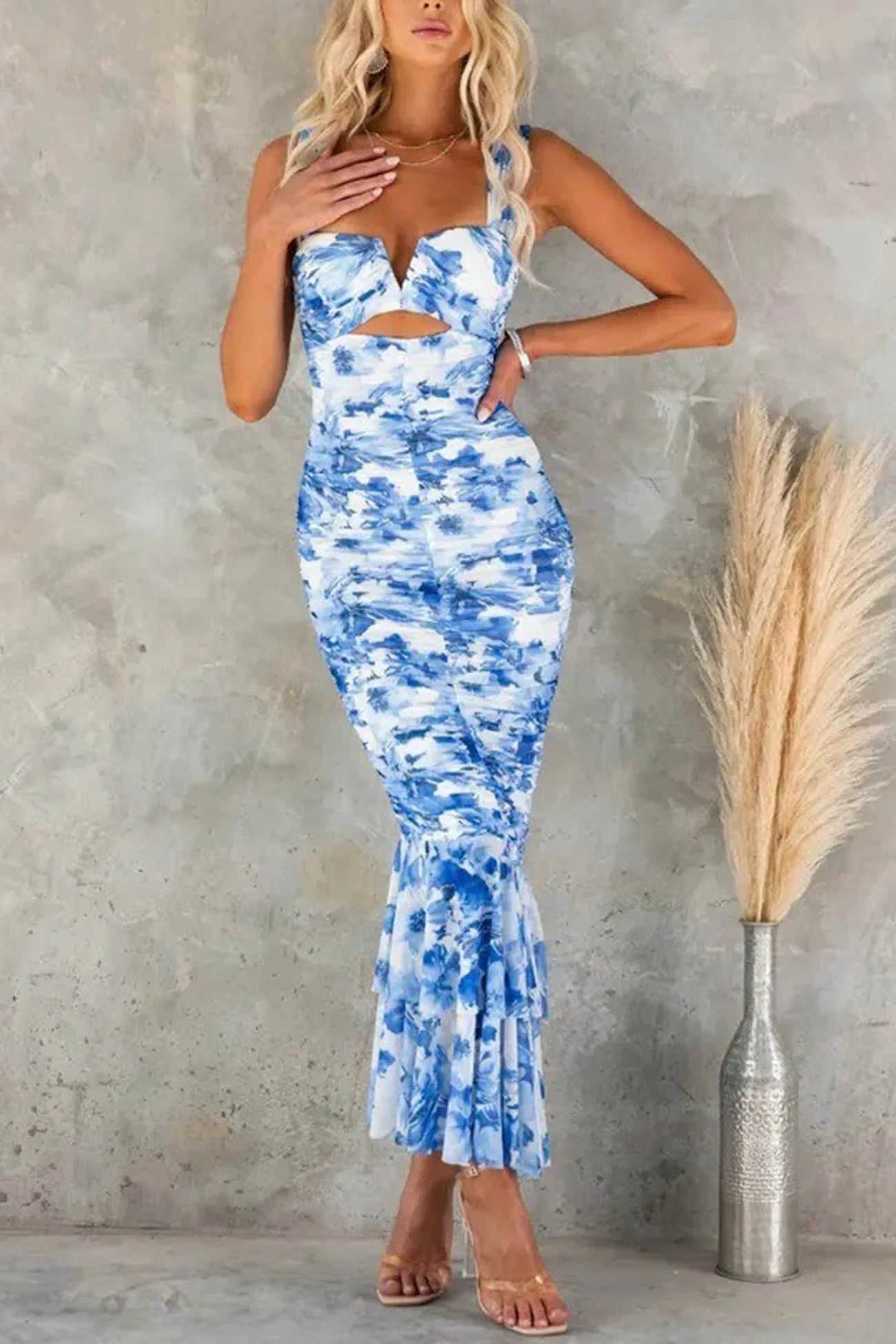 Floral Print Ruched Fishtail Dress