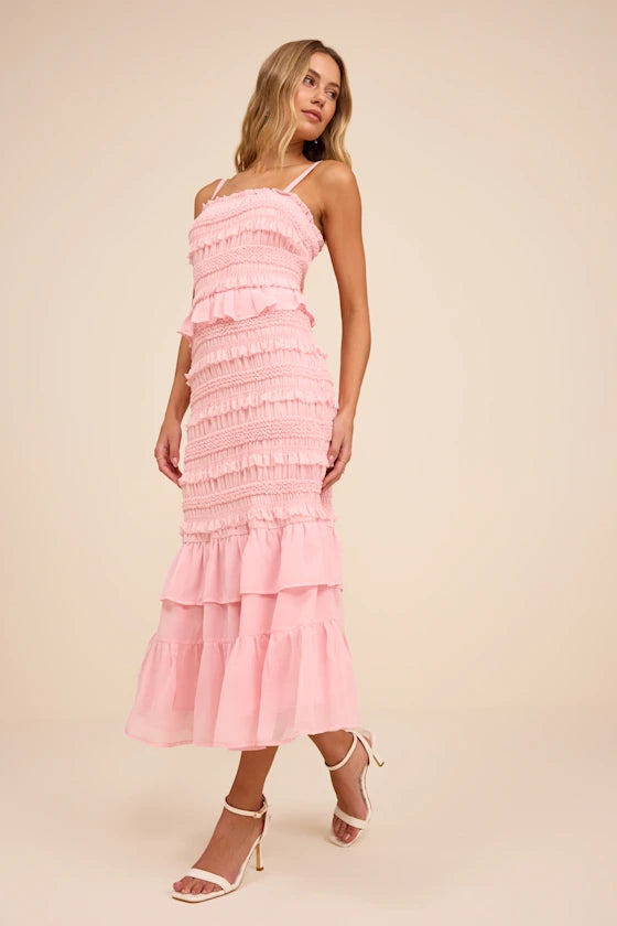 Harley Light Pink Smocked Ruffled Midi Dress