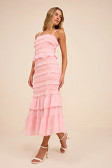 Harley Light Pink Smocked Ruffled Midi Dress