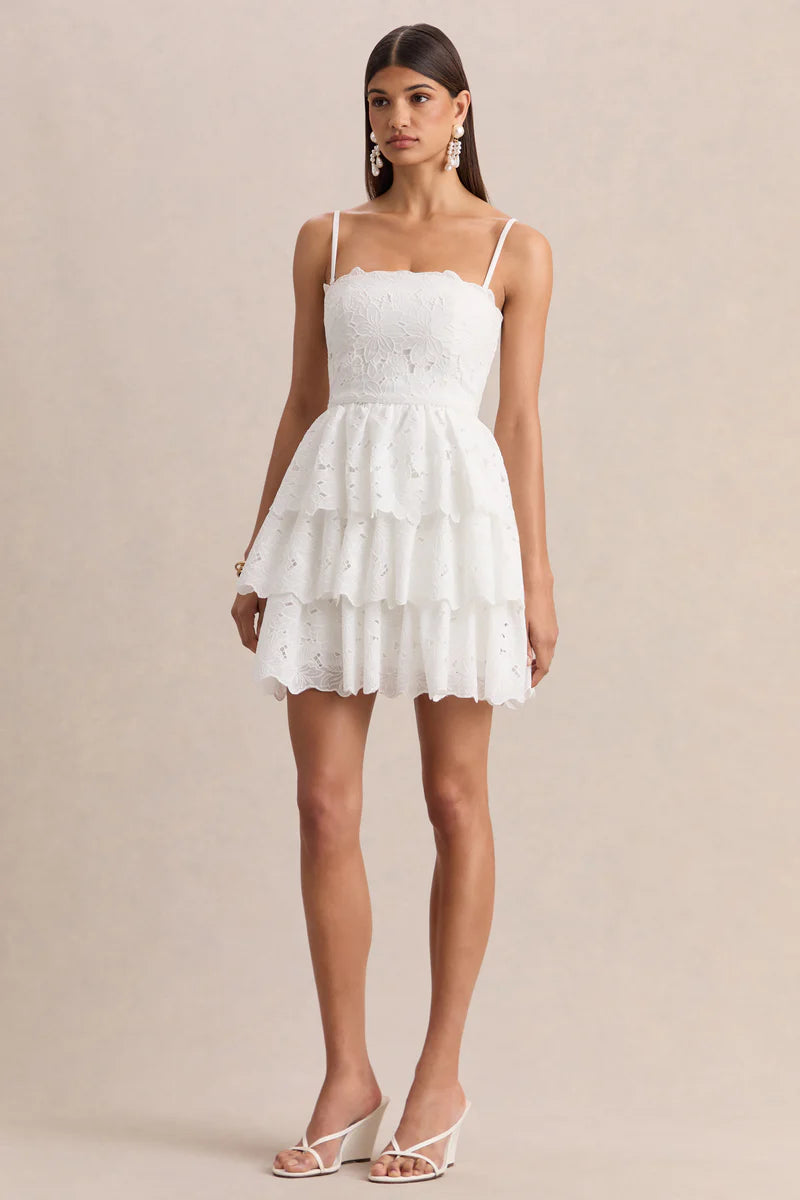White Lace Square-Neck Mini Dress With Ruffled Detailing