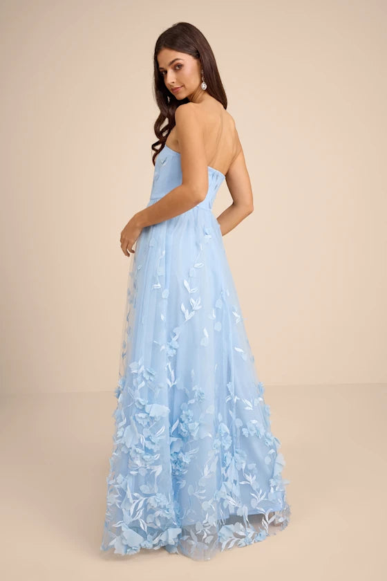 Lynly Light Blue 3D Floral Applique Tulle Maxi Dress