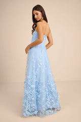 Lynly Light Blue 3D Floral Applique Tulle Maxi Dress
