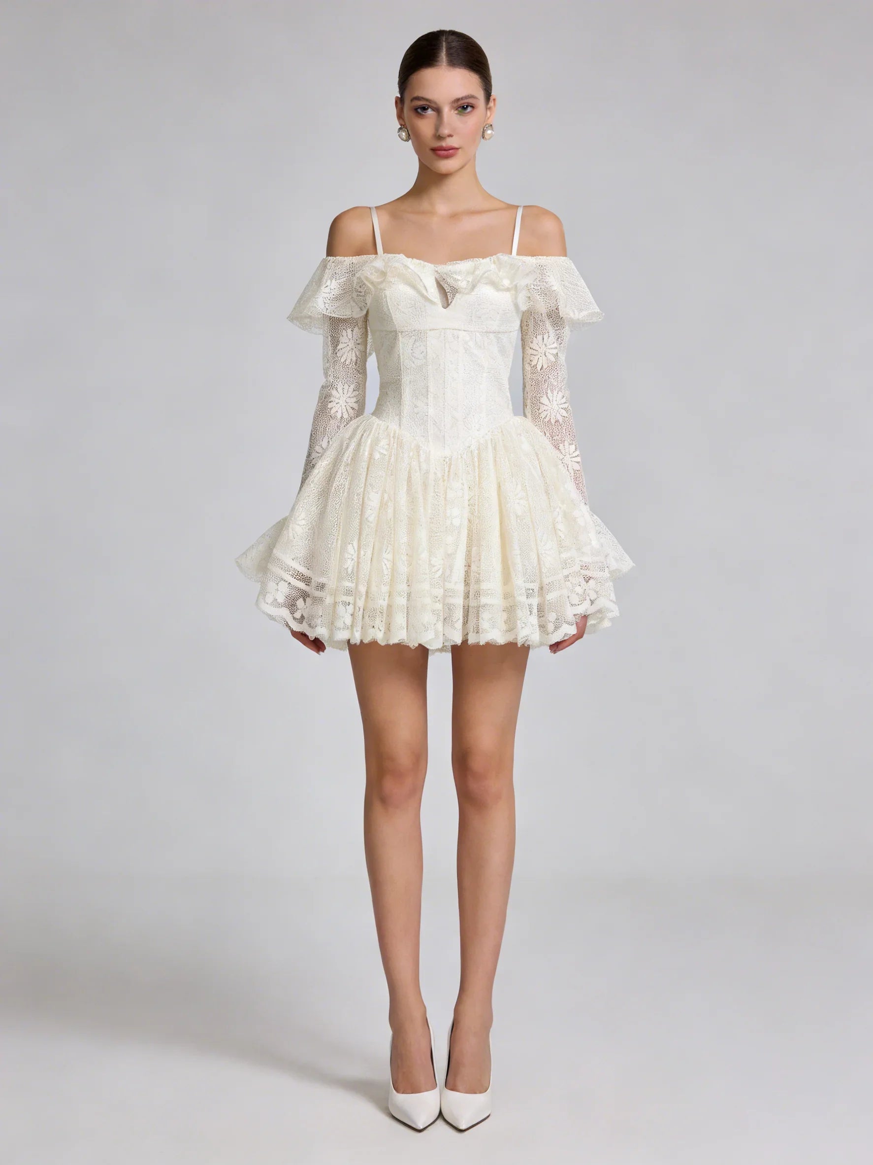 Off Shoulder Lace Corset Flared Mini Dress
