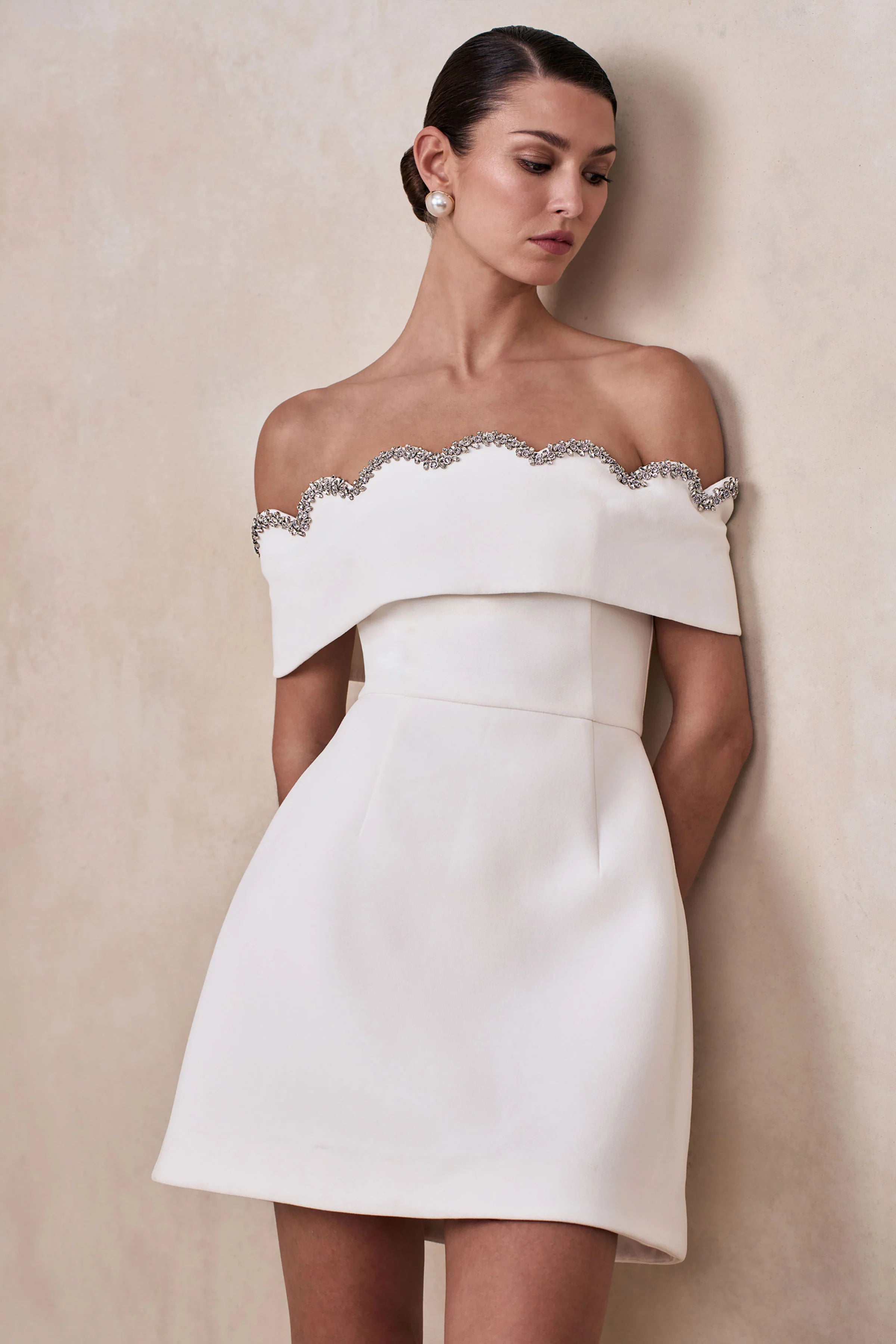 Norella | White Scalloped Bardot-Neck Mini Dress