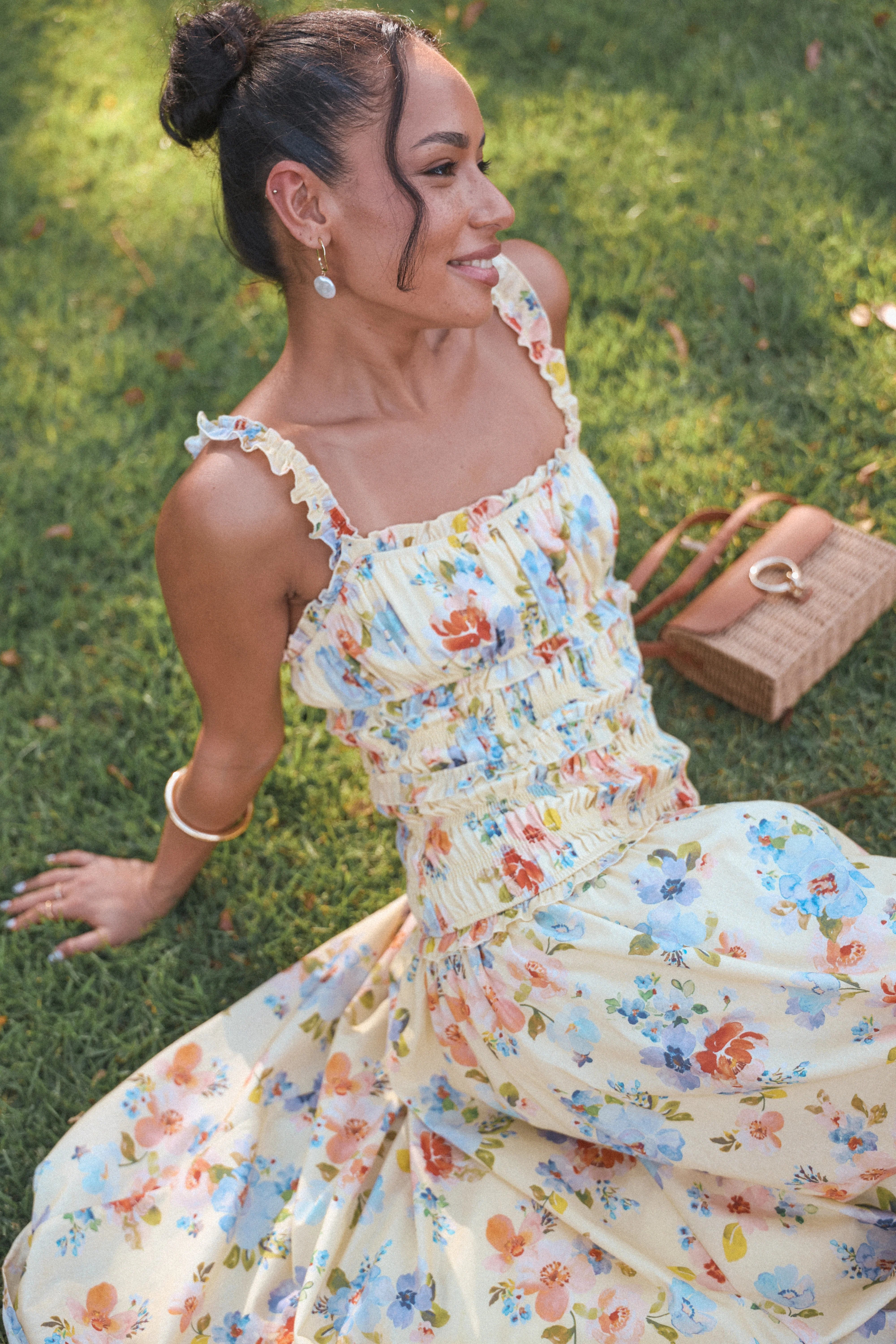 Enola Gather Midi Dress - Yellow Floral