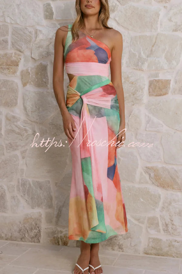 Unique Printed One-Shoulder Cutout Fitted Lace-Up Maxi Dress